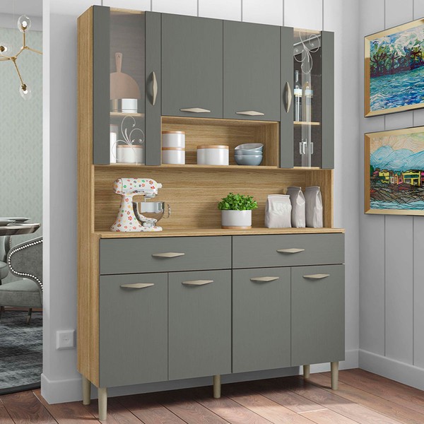 Armário de Cozinha Golden 8 Portas 2 Gavetas com Vidro Freijó/Gris - Kits Paraná