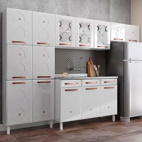 Cozinha de Aço Completa Mirage New 14 Portas 2 Gavetas com Vidro Branco 815486 - Telasul