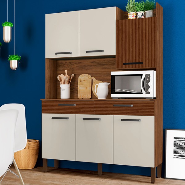 Armário de Cozinha Modena 6 Portas 2 Gavetas Ripado 3d Nogueira/Off White - Kits Paraná
