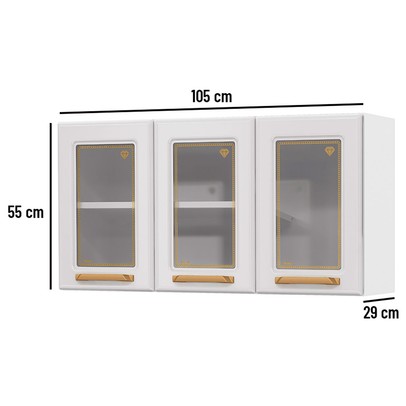 Armário Aéreo Cozinha em Aço Diamante 3 Portas com Vidro Branco 818007 - Telasul