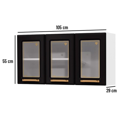 Armário Aéreo Cozinha em Aço Diamante 3 Portas com Vidro Branco/Preto 818007 - Telasul
