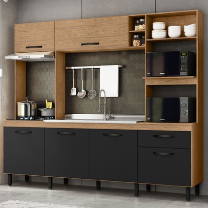 Cozinha Compacta Zoe 6 Portas 1 Gaveta Freijó/Nero - Mx Móveis