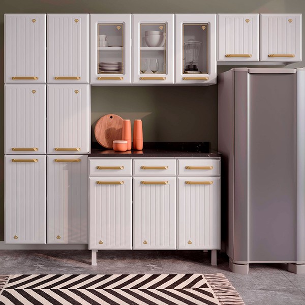 Cozinha de Aço Completa Diamante 14 Portas 3 Gavetas com Vidro Branco 818470 - Telasul