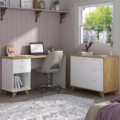 Escritório Completo Sky 1 Porta 5 Gavetas Olmo/Branco - Artany Móveis