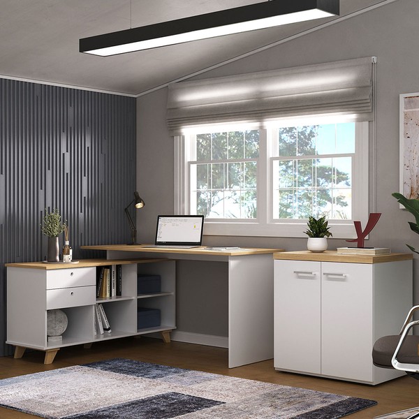 Escritório Completo Gold 2 Portas 2 Gavetas Olmo/Branco - Artany Móveis