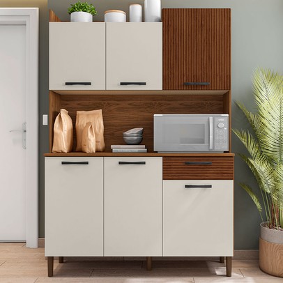 Armário de Cozinha Genova 6 Portas 1 Gaveta Ripado 3d Nogueira/Off White - Kits Paraná