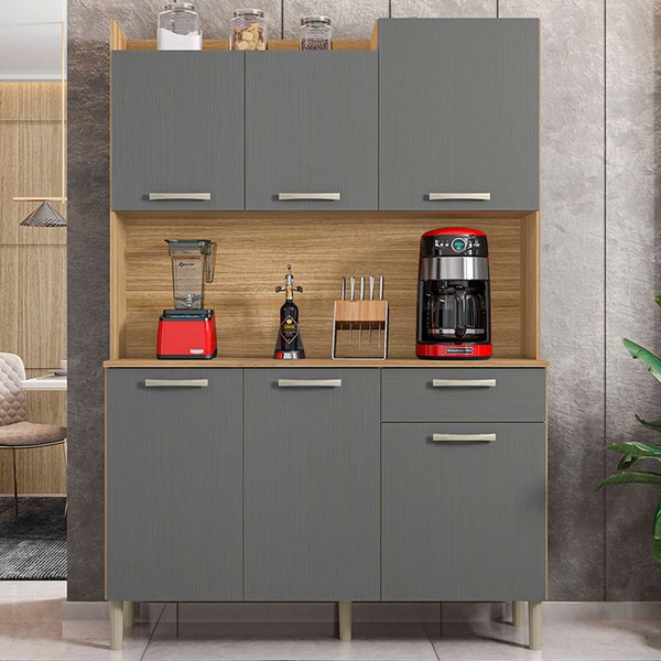 Armário de Cozinha Genova 6 Portas 1 Gaveta Freijó/Gris - Kits Paraná