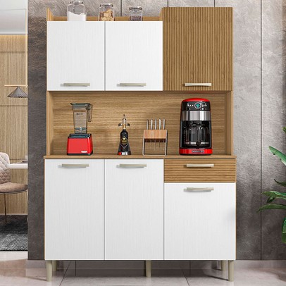 Armário de Cozinha Genova 6 Portas 1 Gaveta Ripado 3d Freijó/Supremo - Kits Paraná