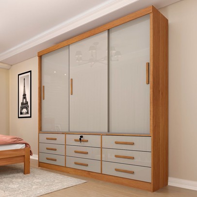 Guarda-Roupa Chicago 3 Portas 9 Gavetas Cinamomo/Off White - Tcil Móveis