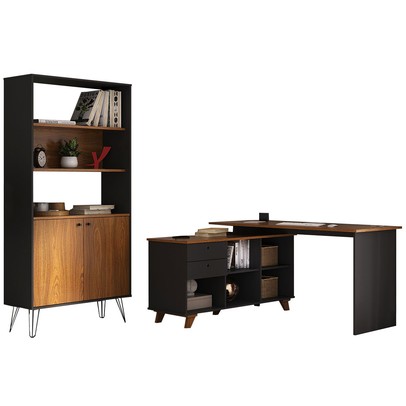 Escritório Completo Gold 2 Portas 2 Gavetas Freijó/Preto - Artany Móveis