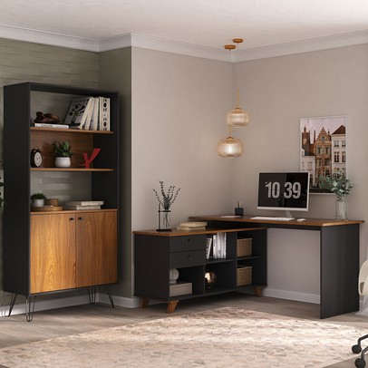 Escritório Completo Gold 2 Portas 2 Gavetas Freijó/Preto - Artany Móveis