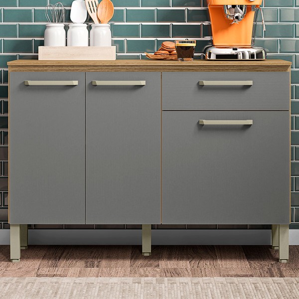 Balcão de Cozinha Versalhes 3 Portas 1 Gaveta Freijó/Gris - Kits Paraná