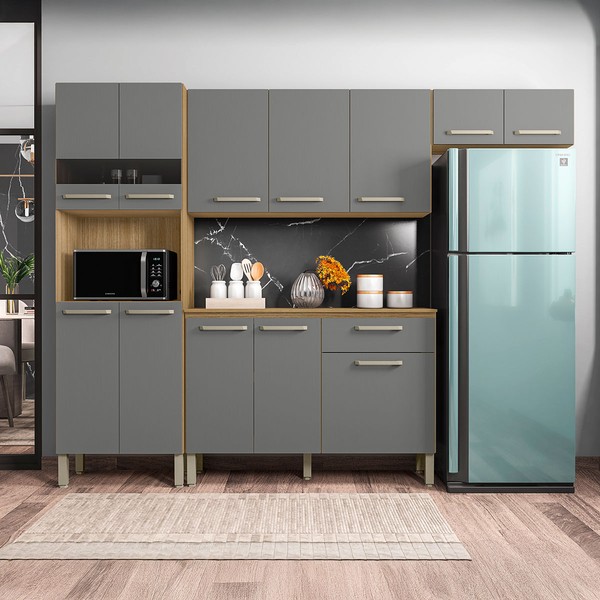 Cozinha Compacta Versalhes 12 Portas 1 Gaveta com Vidro Freijo/Gris - Kits Paraná