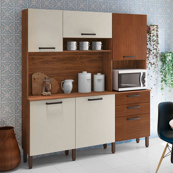 Cozinha Compacta Ferrara 6 Portas 2 Gavetas Ripado 3d Nogueira/Off White - Kits Paraná