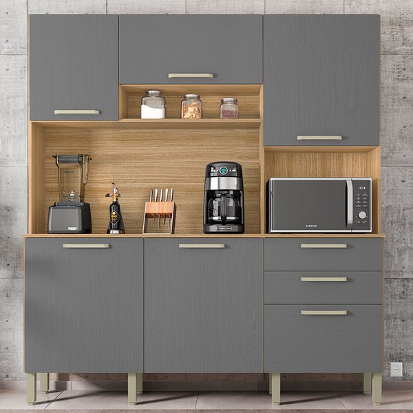Cozinha Compacta Ferrara 6 Portas 2 Gavetas Freijó/Gris - Kits Paraná