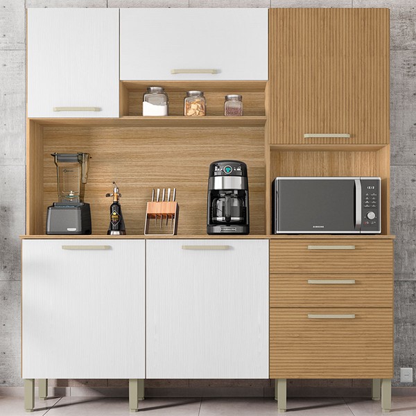 Cozinha Compacta Ferrara 6 Portas 2 Gavetas Ripado 3d Freijó/Supremo - Kits Paraná