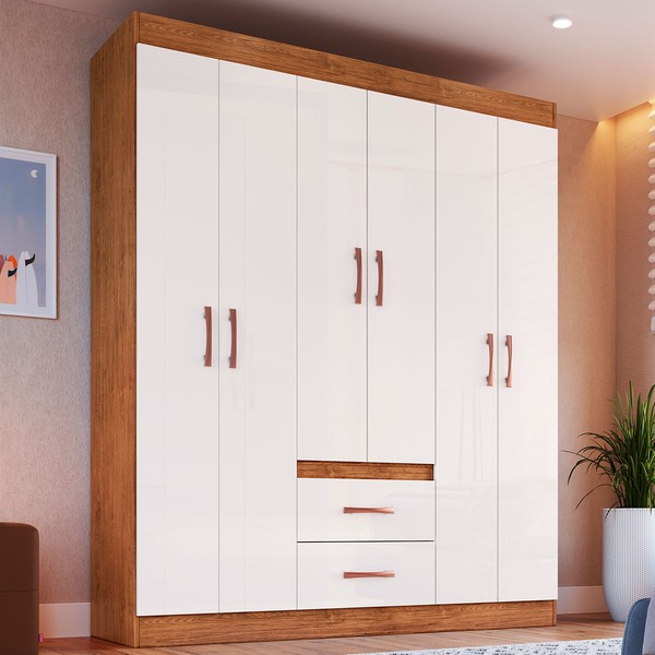 Guarda-Roupa de Solteiro Montevidéu 6 Portas 2 Gavetas Off White Nogueira - Doripel