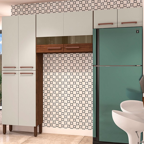 Cozinha Compacta Nala 8 Portas com Vidro Ripado 3d Nogueira/Off White - Kits Paraná