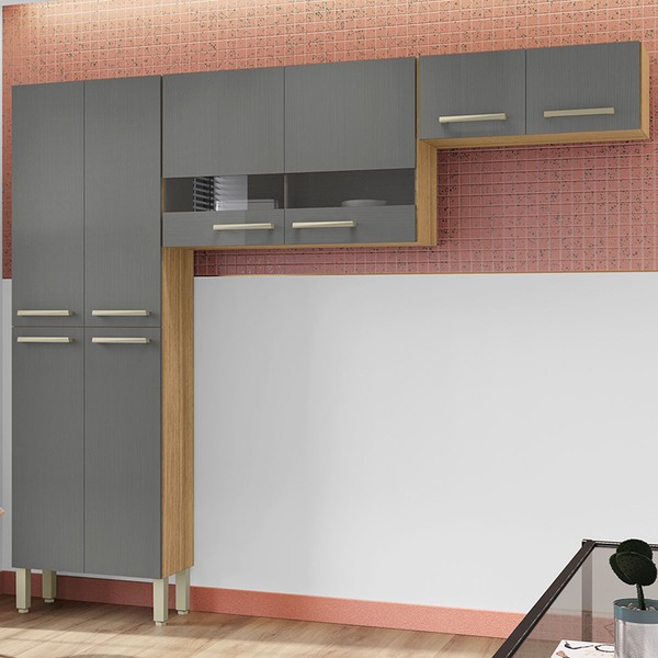 Cozinha Compacta Nala 8 Portas com Vidro Freijó/Griss - Kits Paraná