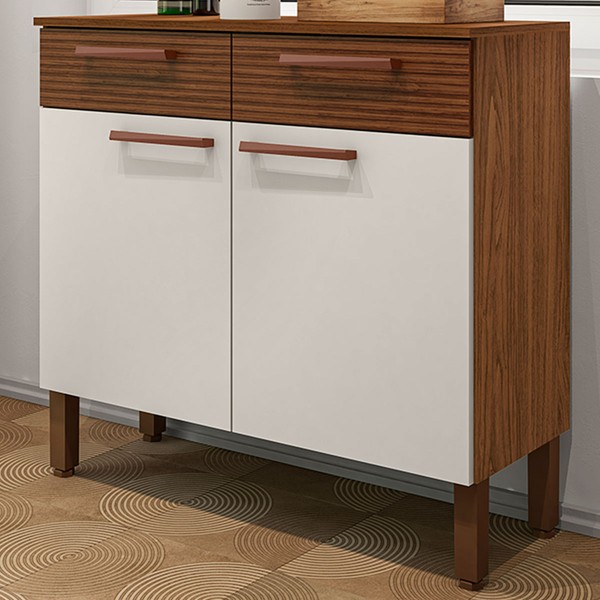 Balcão de Cozinha Nala 2 Portas 2 Gavetas Ripado 3d Nogueira/Off White - Kits Paraná