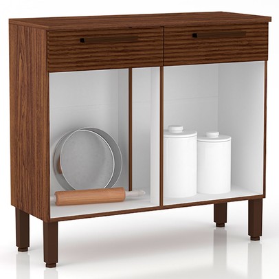 Balcão de Cozinha Nala 2 Portas 2 Gavetas Ripado 3d Nogueira/Off White - Kits Paraná
