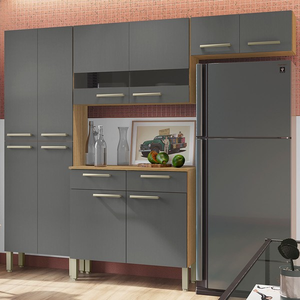 Cozinha Compacta Nala 10 Portas 2 Gavetas com Vidro Freijó/Gris - Kits Paraná