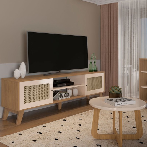 Sala de Estar Completa para TV Até 75 Polegadas Charlotte 2 Portas Carvalho/Off White - Artely Móveis