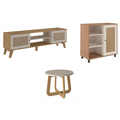 Sala de Estar Completa para TV Até 75 Polegadas Charlotte 3 Portas Carvalho/Off White - Artely Móveis