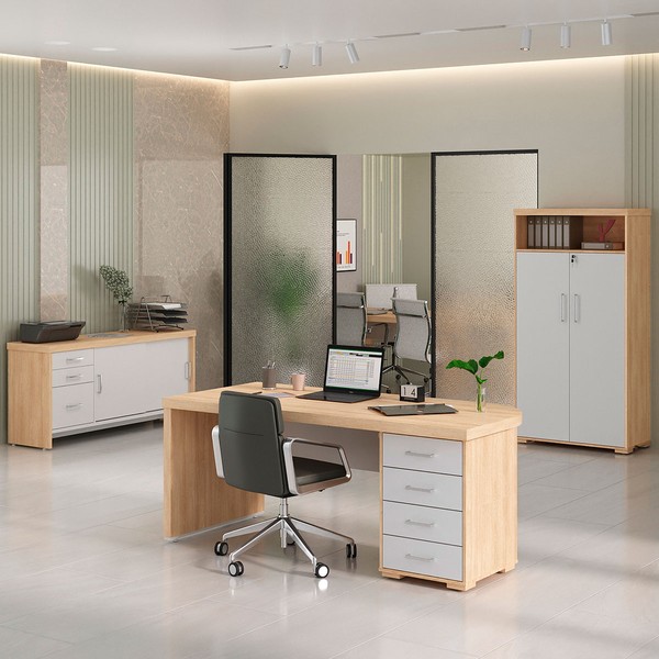 Escritório Completo Tamburato 4 Portas 7 Gavetas Carvalho/Branco - Artany Móveis
