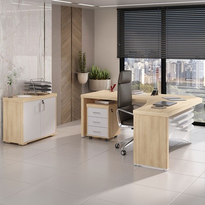 Escritório Completo Tamburato 2 Portas 3 Gavetas 1 Prateleira 006208 Carvalho/Branco - Artany Móveis