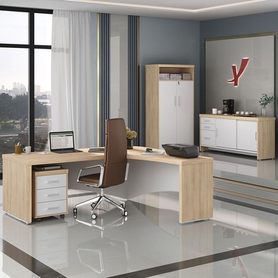 Escritório Completo Diretor 4 Portas 6 Gavetas Carvalho/Branco - Artany Móveis