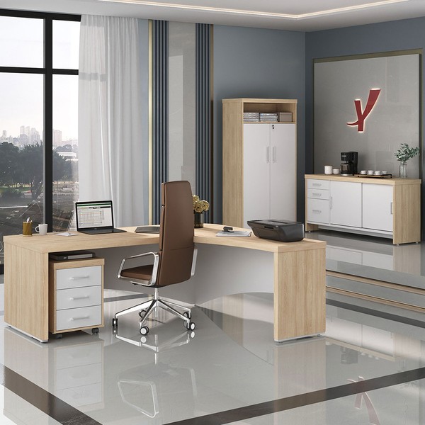 Escritório Completo Diretor 4 Portas 6 Gavetas Carvalho/Branco - Artany Móveis