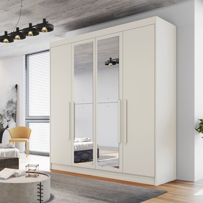 Guarda-Roupa Casal Nantes 4 Portas 3 Gavetas 100% Mdf com Espelho Off White - Europa Móveis