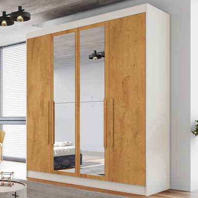 Guarda-Roupa Casal Nantes 4 Portas 3 Gavetas 100% Mdf com Espelho Off White/Peroba - Europa Móveis