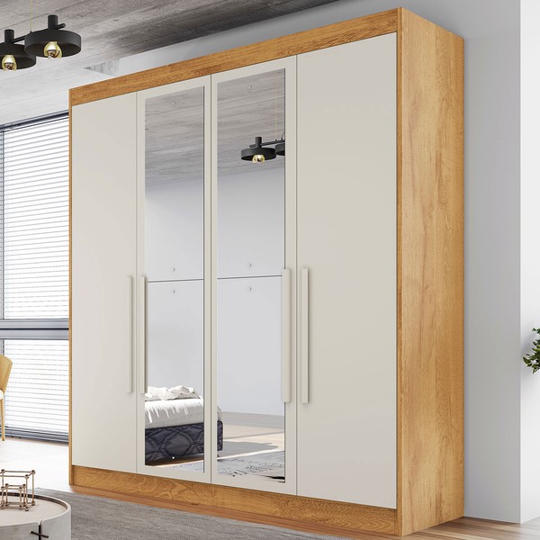 Guarda-Roupa Casal Nantes 4 Portas 3 Gavetas 100% Mdf com Espelho Peroba/Off White - Europa Móveis