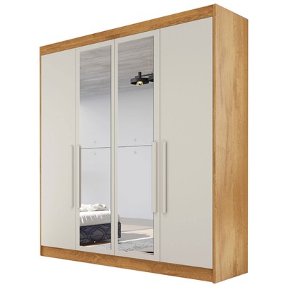 Guarda-Roupa Casal Nantes 4 Portas 3 Gavetas 100% Mdf com Espelho Peroba/Off White - Europa Móveis