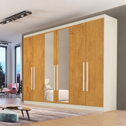 Guarda-Roupa Casal Oslo 6 Portas 6 Gavetas 100% Mdf com Espelho Off White/Peroba - Mademarques