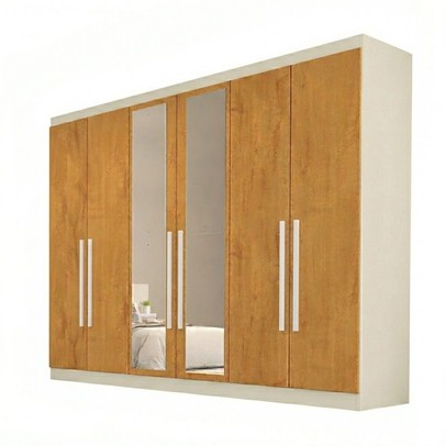 Guarda-Roupa Casal Oslo 6 Portas 6 Gavetas 100% Mdf com Espelho Off White/Peroba - Mademarques