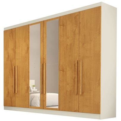Guarda-Roupa Casal Oslo 6 Portas 6 Gavetas 100% Mdf com Espelho Off White/Peroba - Mademarques