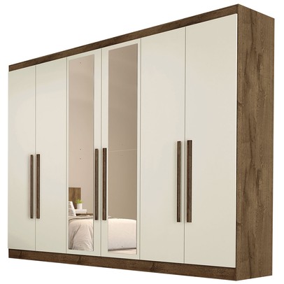 Guarda-Roupa Casal Oslo 6 Portas 6 Gavetas 100% Mdf com Espelho Brauna/Off White - Mademarques