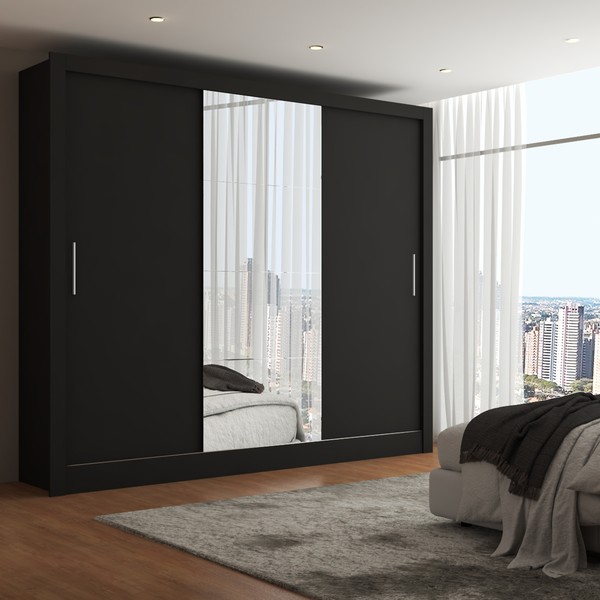 Guarda-Roupa Casal Katherine 3 Portas 3 Gavetas com Espelho Preto - Panorama Móveis