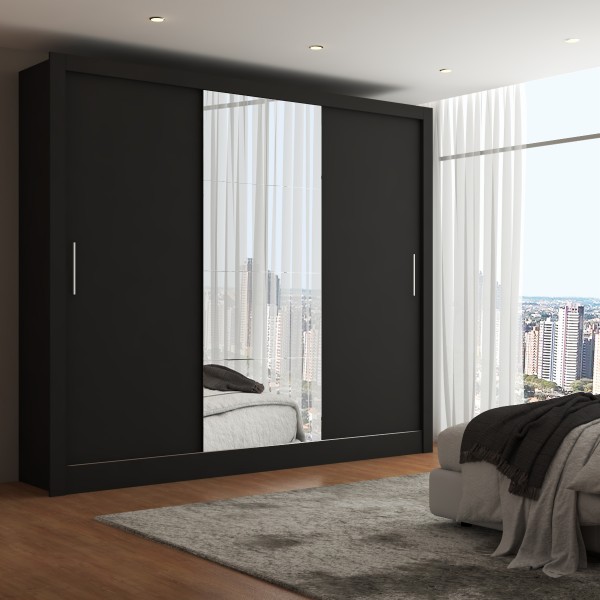 Guarda-Roupa Casal Katherine 3 Portas 3 Gavetas com Espelho Preto - Panorama Móveis