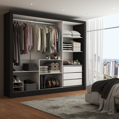 Guarda-Roupa Casal Katherine 3 Portas 3 Gavetas com Espelho Preto - Panorama Móveis