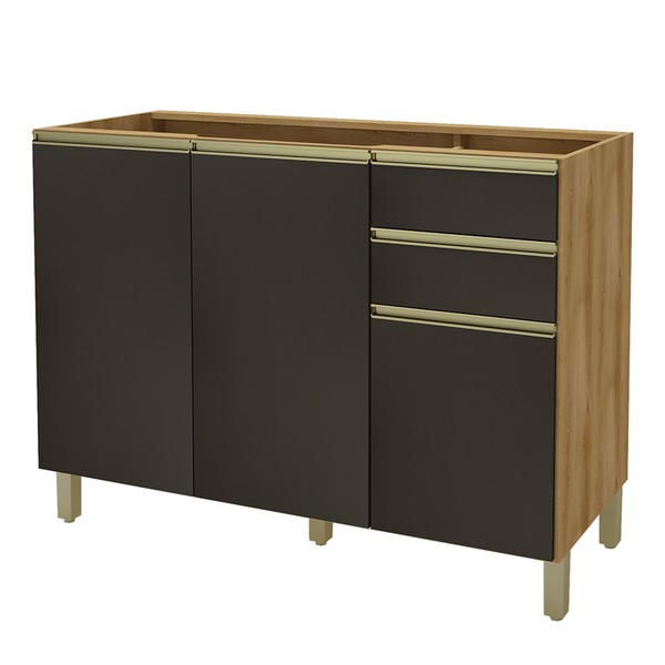 Balcão de Cozinha para Pia 120 Cm 3 Portas 2 Gavetas Castani/Chumbo 6123.3 - Indékes