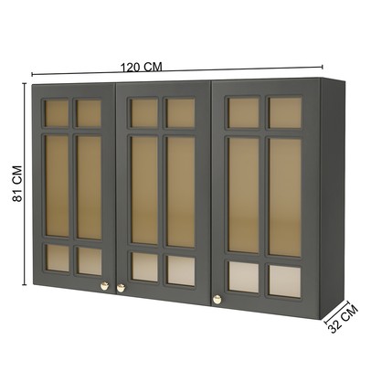 Armário Aéreo Cozinha 120 Cm 3 Portas 2 Prateleiras com Vidro Chumbo - Indékes