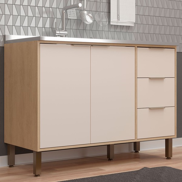 Balcão de Cozinha para Pia Karine 2 Portas 3 Gavetas Carvalho/Off White - Móveis Sul