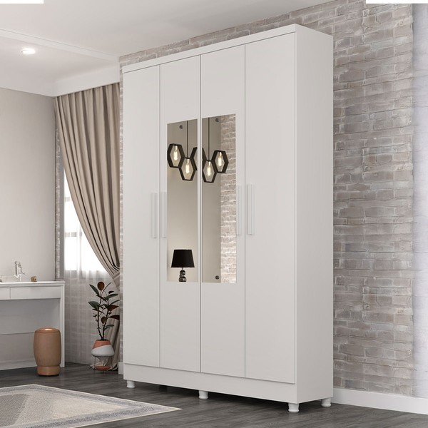 Guarda-Roupa Solteiro Amsterdam 4 Portas 2 Gavetas com Espelho Neve - Tcil Móveis