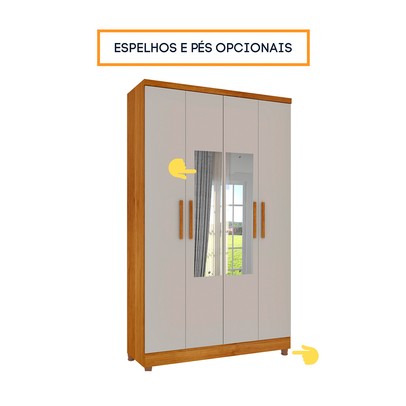Guarda-Roupa Solteiro Amsterdam 4 Portas 2 Gavetas com Espelho Cinamomo/Off White - Tcil Móveis