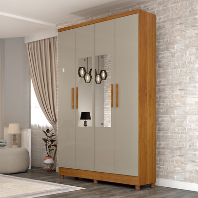 Guarda-Roupa Solteiro Amsterdam 4 Portas 2 Gavetas com Espelho Cinamomo/Off White - Tcil Móveis