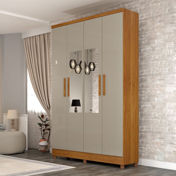 Guarda-Roupa Solteiro Amsterdam 4 Portas 2 Gavetas com Espelho Cinamomo/Off White - Tcil Móveis